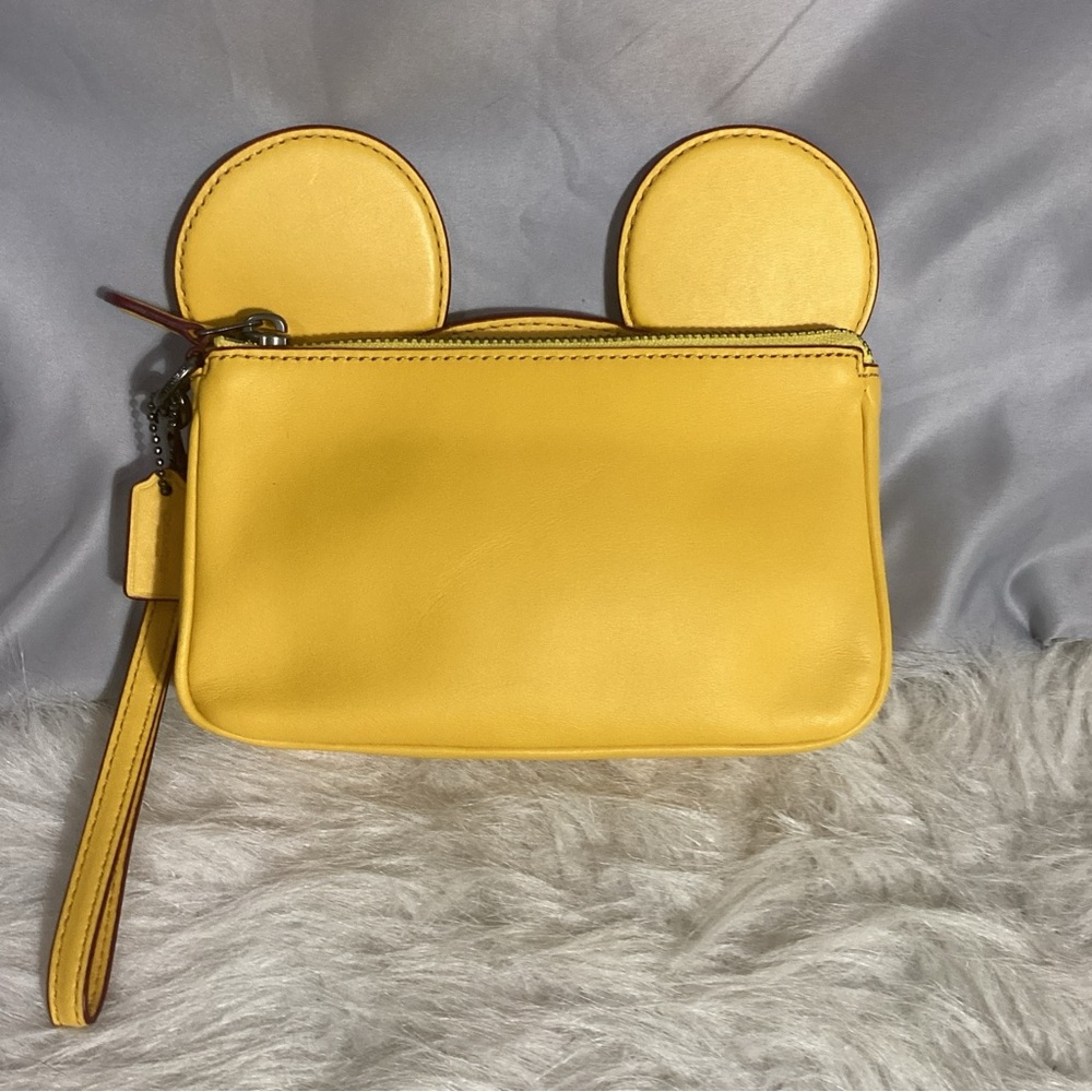 Coach X Disney Mickey Mouse Ears Yellow Leather Wristlet With Strap Clutch Bag - Picture 3 of 10